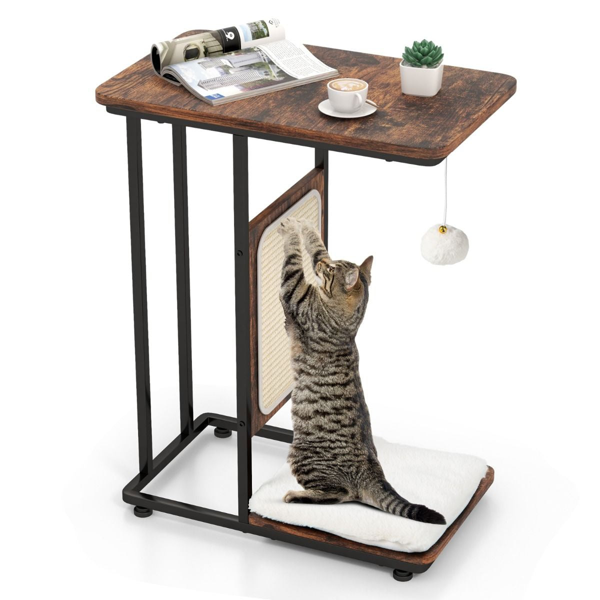 Beistelltisch Mit Sisal-Kratzbrett 4 in 1 Katzenmöbel Katzenkratzer Mit Abnehmbarem Kissen & Ball 50 X 30 X 64 Cm Rustikales Braun