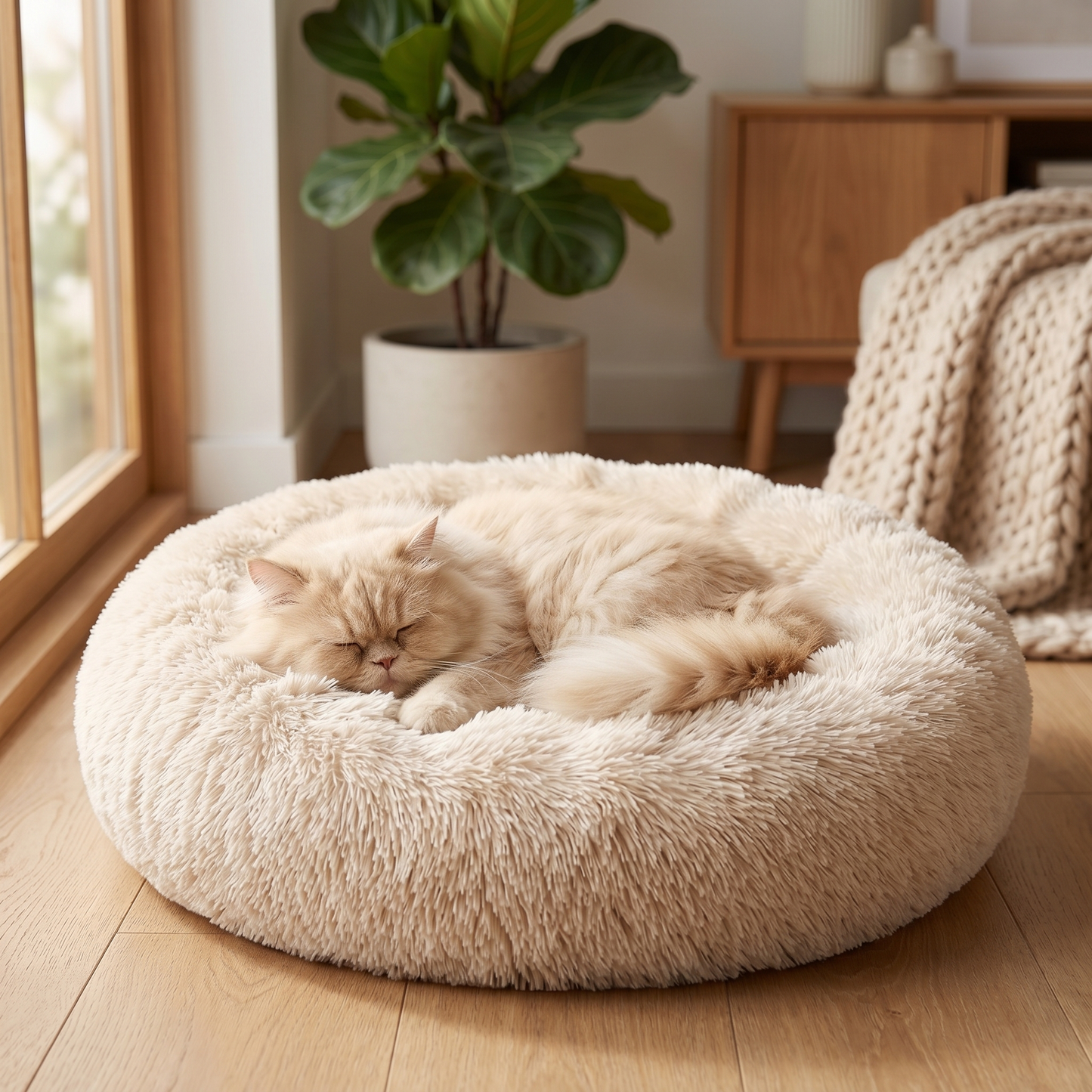Katze schläft gemütlich im Donut-Kuschelbett im Wohnzimmer