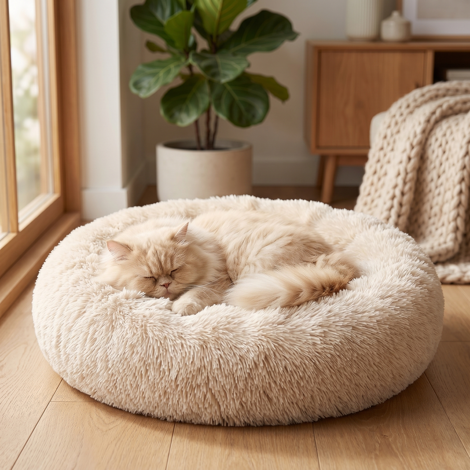 Katze schläft gemütlich im Donut-Kuschelbett im Wohnzimmer
