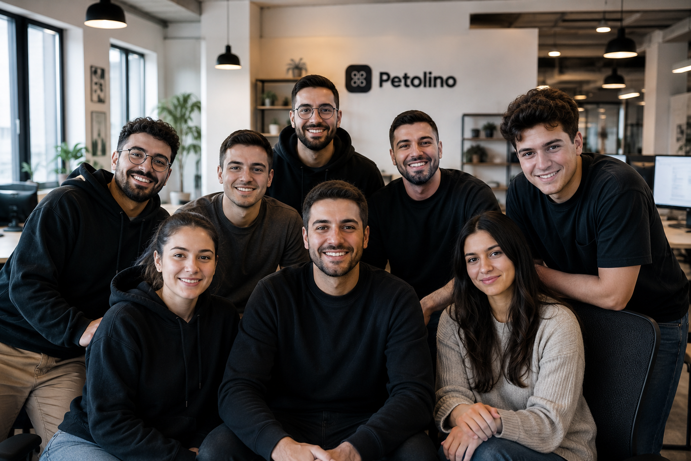 Lächelndes Team in einem hellen Büro mit Petolino-Logo an der Wand